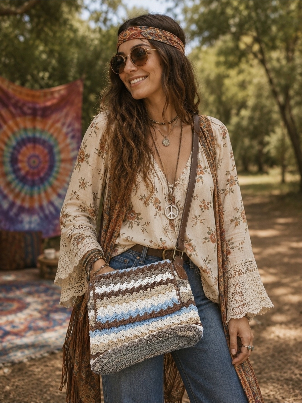 Boho Crochet Stripe Crossbody Bag in Brown and Blue